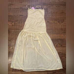 PrettyLittleThing Lemon Strappy Drop-Waist Linen Midi Dress | Size 4 | NWT